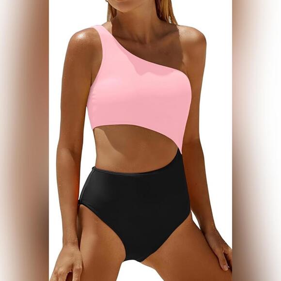 NWT Yonique One Piece One Shoulder Cutout Tummy Control Swimsuit, L (12-14) - Picture 1 of 4